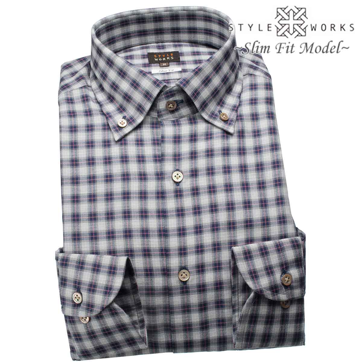 長袖ボタンダウン グレー ワイシャツ スリムフィット STYLE WORKS【OUTLETS】