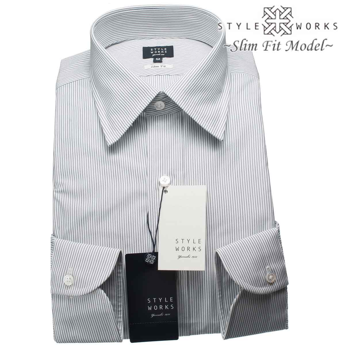 長袖レギュラーカラー ネイビー ワイシャツ スリムフィット STYLE WORKS【OUTLETS】