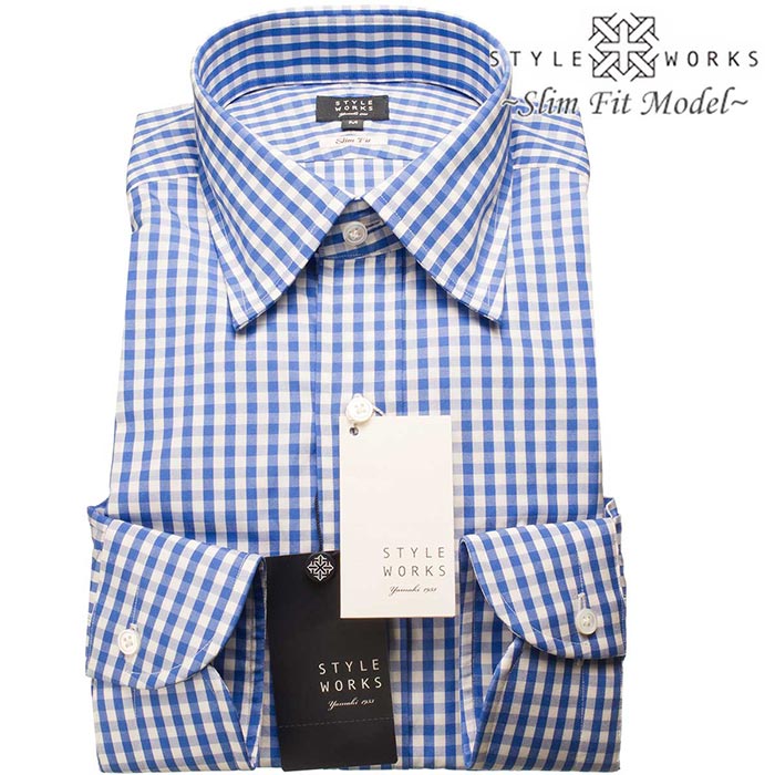 長袖レギュラーカラー ブルー ワイシャツ スリムフィット STYLE WORKS【OUTLETS】