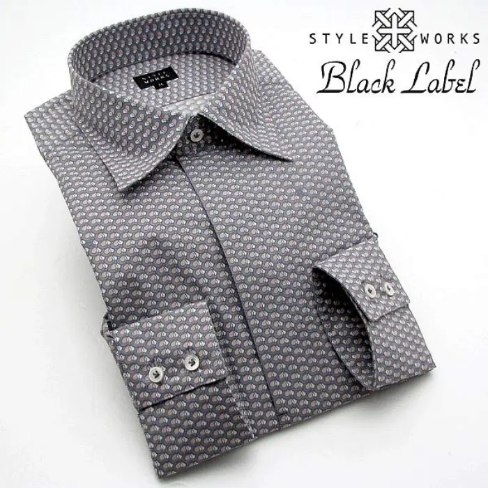 オリジナルプリントドレスシャツ グレー・ピンクウェーブパターン ＜BLACK LABEL＞ ワイドカラー・フライフロント
