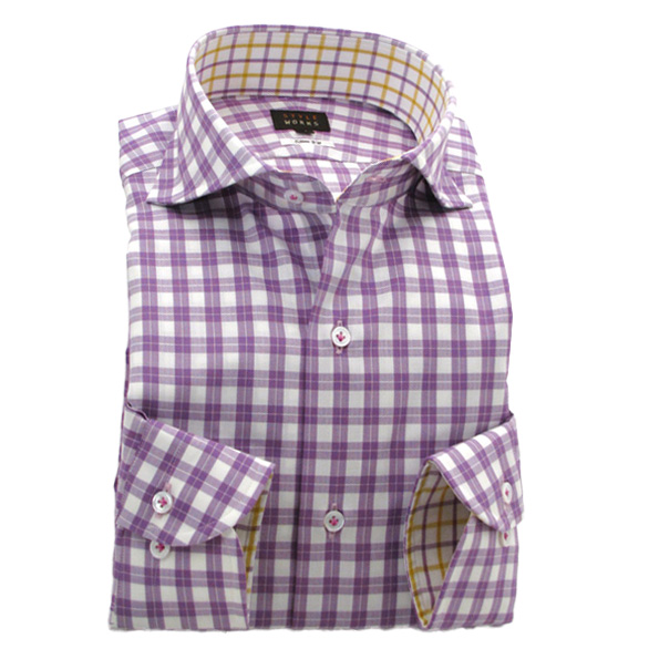 ワイシャツ スリムフィット チェック パープル ドビー STYLE WORKS