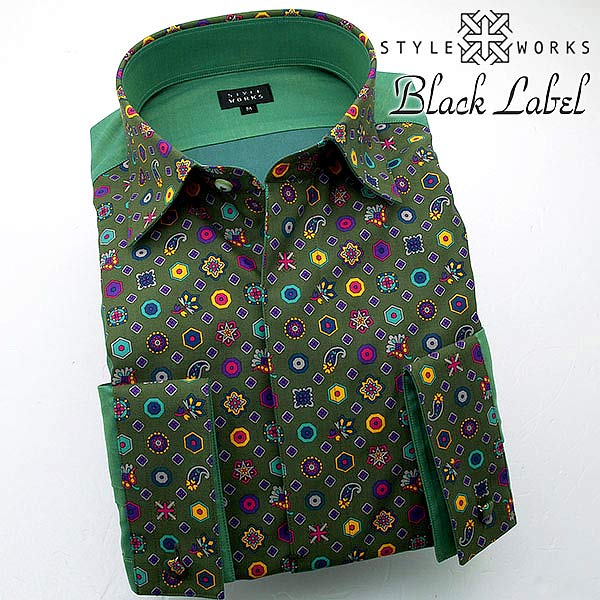 長袖ワイドカラー グリーン ワイシャツ スリムフィット STYLE WORKS【OUTLETS】