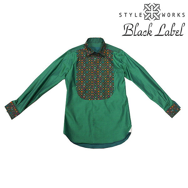 長袖ワイドカラー グリーン ワイシャツ スリムフィット STYLE WORKS【OUTLETS】