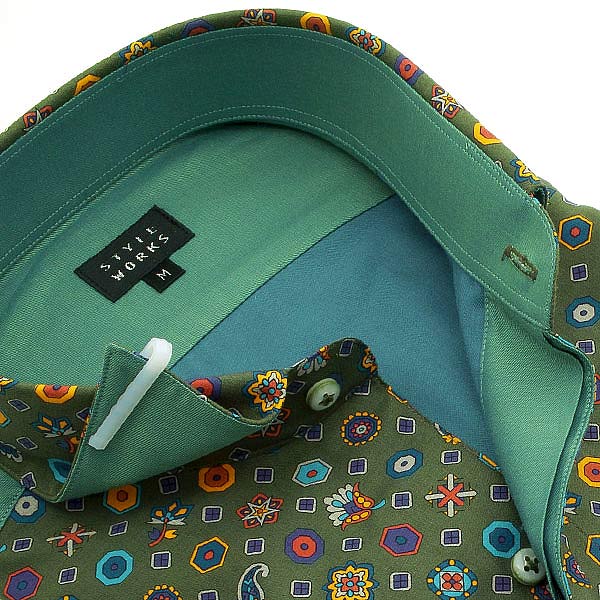 長袖ワイドカラー グリーン ワイシャツ スリムフィット STYLE WORKS【OUTLETS】