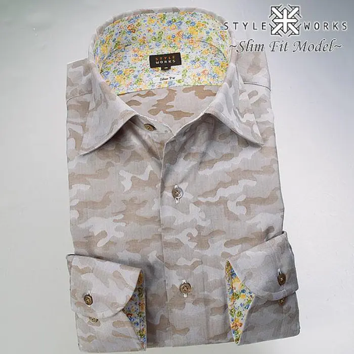 国産長袖ドレスシャツ 綿100% スリムフィット ライトブラウンジャガード迷彩柄 ワイドカラー