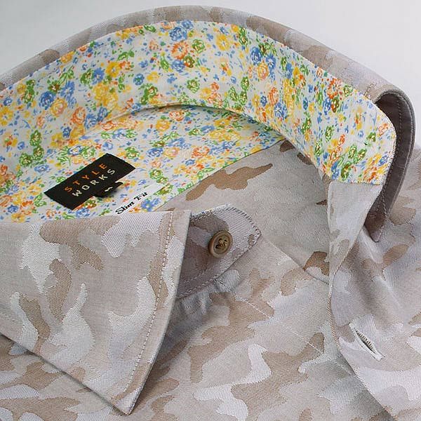 長袖ワイドカラー ブラウン ワイシャツ スリムフィット STYLE WORKS【OUTLETS】