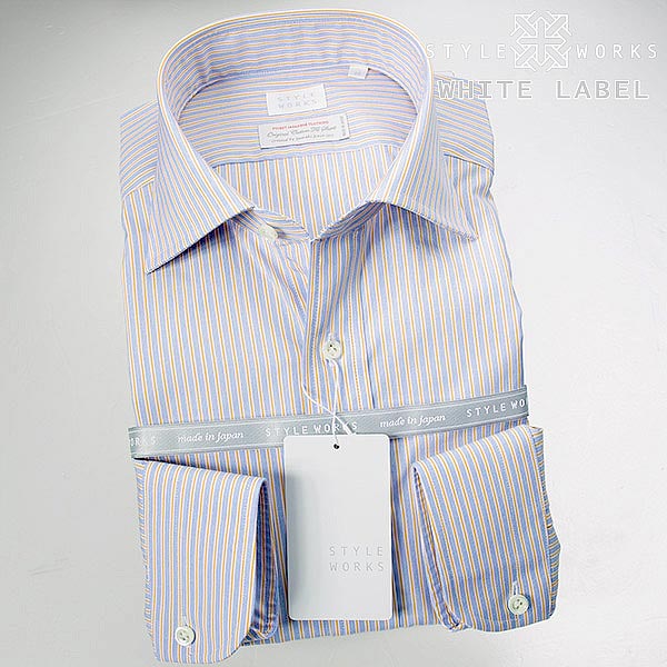 ◆ブランド／STYLEWORKS◆商品ジャンル／長袖ワイシャツ◆サイズ展開／S,M,L,LL,◆シルエット／スリムフィット◆衿型／ワイドカラー◆袖丈／長袖◆色／オレンジ◆柄／ストライプ柄◆前立／表前立