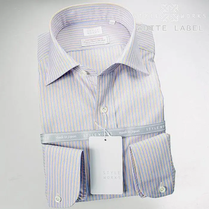 White Label ホワイトレーベル  国産長袖ドレスシャツ ワイドカラー オレンジ・ブルー オルタネイトストライプ