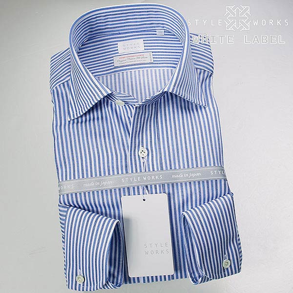 ◆ブランド／STYLEWORKS◆商品ジャンル／長袖ワイシャツ◆サイズ展開／S,M,L,LL,◆シルエット／スリムフィット◆衿型／ワイドカラー◆袖丈／長袖◆色／ブルー◆柄／ストライプ柄◆前立／表前立◆