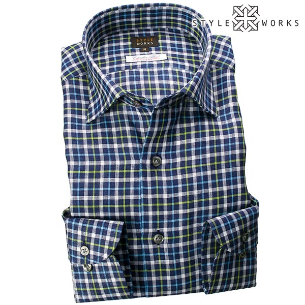 長袖ワイドカラー ネイビー ワイシャツ スリムフィット STYLE WORKS【OUTLETS】