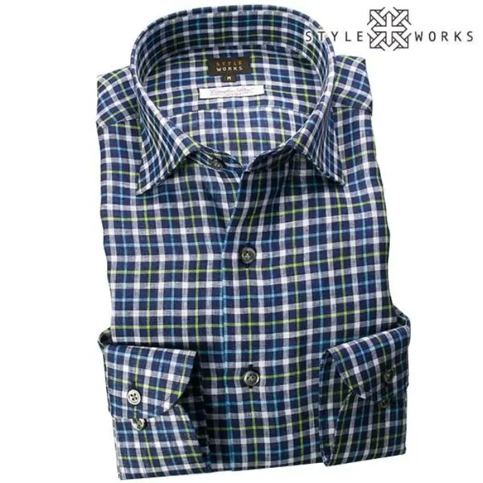 国産オリジナル長袖ドレスシャツ ショートワイドカラー ネイビータータンチェック アルビニ リネン100%