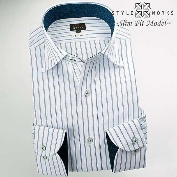 国産綿100％長袖ドレスシャツ スリムフィット ワイドカラー ブルー&白ドビーストライプ