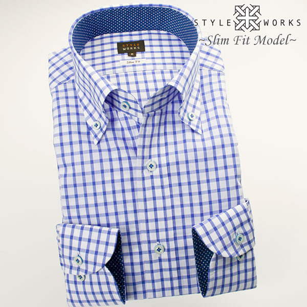 長袖ボタンダウン ブルー ワイシャツ スリムフィット STYLE WORKS【OUTLETS】