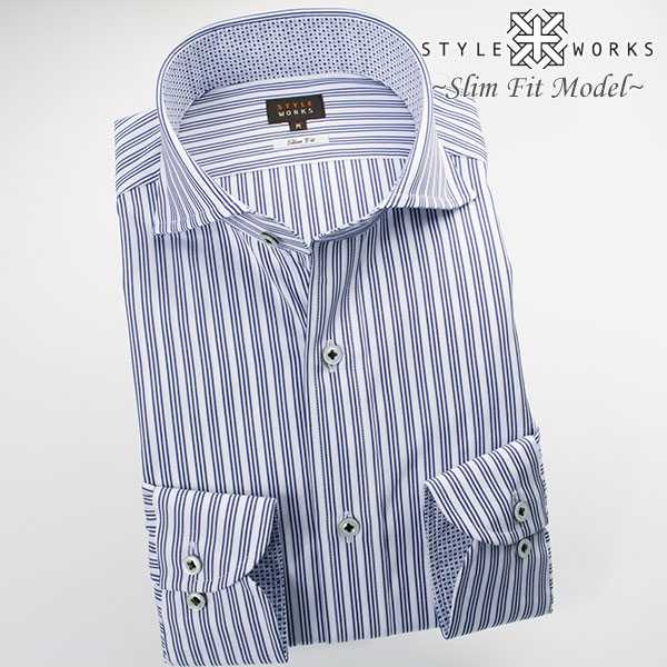 長袖カッタウェイ ブルー ワイシャツ スリムフィット STYLE WORKS【OUTLETS】