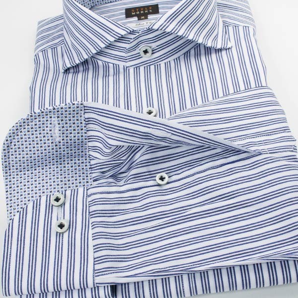 長袖カッタウェイ ブルー ワイシャツ スリムフィット STYLE WORKS【OUTLETS】