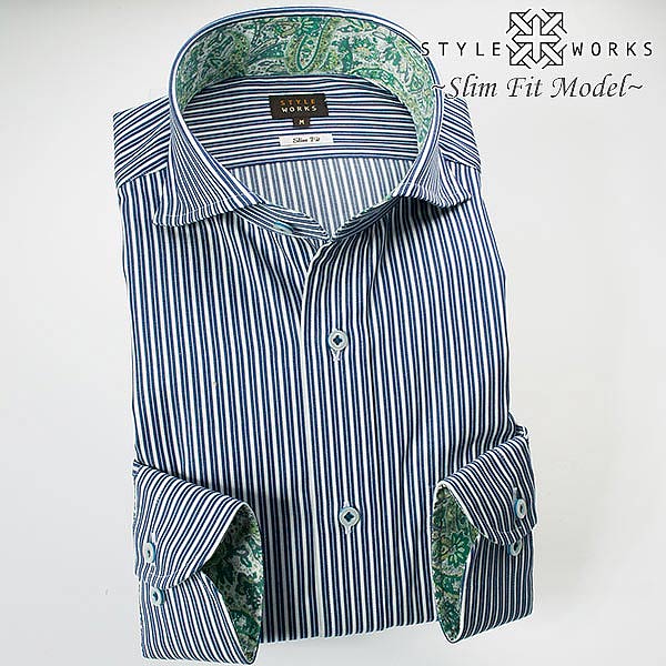 長袖カッタウェイ ネイビー ワイシャツ スリムフィット STYLE WORKS【OUTLETS】