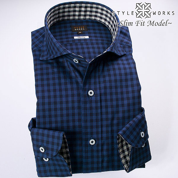 長袖カッタウェイ ネイビー ワイシャツ スリムフィット STYLE WORKS【OUTLETS】