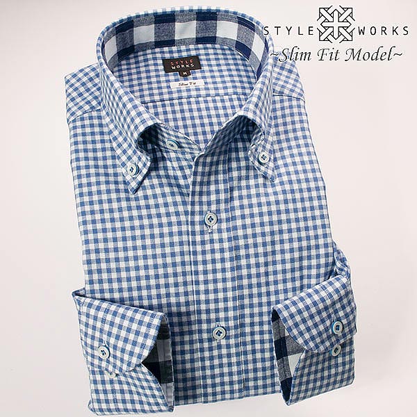 ◆ブランド／STYLEWORKS◆商品ジャンル／長袖ワイシャツ◆サイズ展開／S,M,L,LL,◆シルエット／スリムフィット◆衿型／ボタンダウン◆袖丈／長袖◆色／ネイビー◆柄／チェック柄◆前立／表前立◆