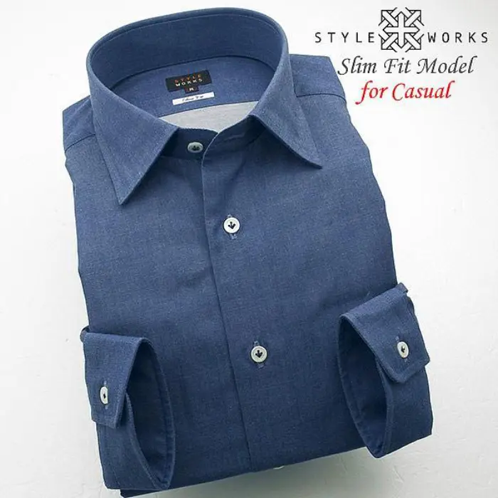 国産半袖メンズドレスシャツ ブルー シャンブレーオックスフォード スリムフィット