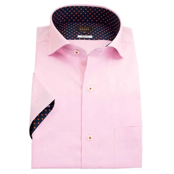 半袖ワイシャツ スリムフィット チェック ピンク オックスフォード