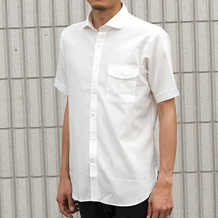 国産半袖カジュアルシャツ コンフォート 綿100% ホワイト ワイドカラー ミニワッフル フラップ付き胸ポケット