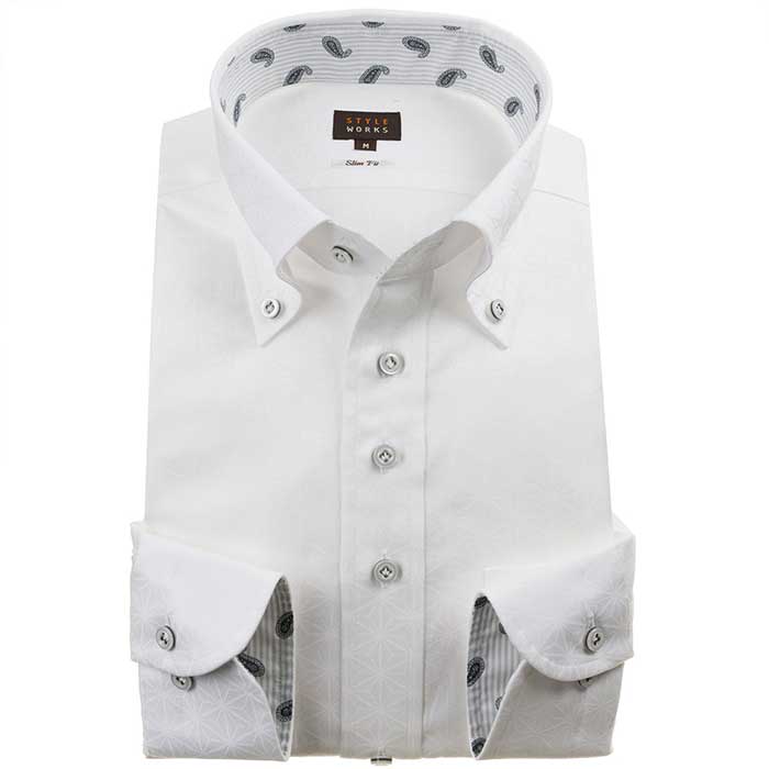 長袖ボタンダウン ホワイト ワイシャツ スリムフィット STYLE WORKS【OUTLETS】