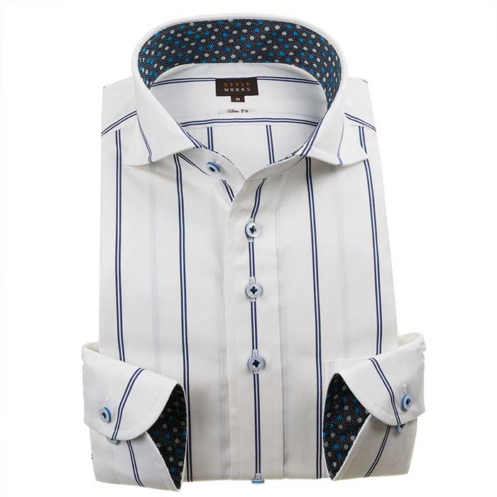 ◆ブランド／STYLEWORKS◆商品ジャンル／長袖ワイシャツ◆サイズ展開／S,M,L,LL,◆シルエット／スリムフィット◆衿型／カッタウェイ◆袖丈／長袖◆色／ネイビー◆柄／ストライプ柄先染め生地◆前