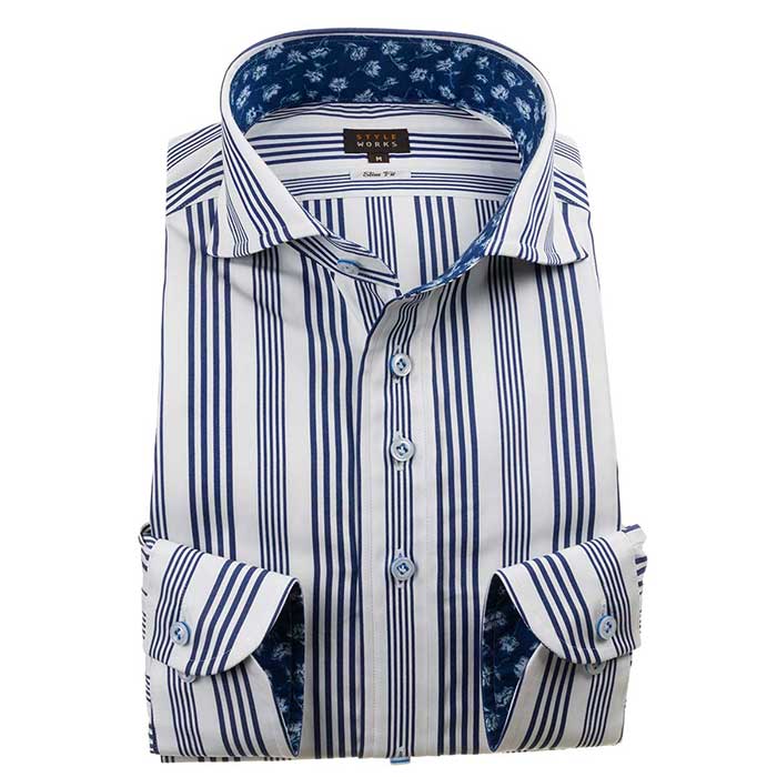 長袖カッタウェイ ネイビー ワイシャツ スリムフィット STYLE WORKS【OUTLETS】