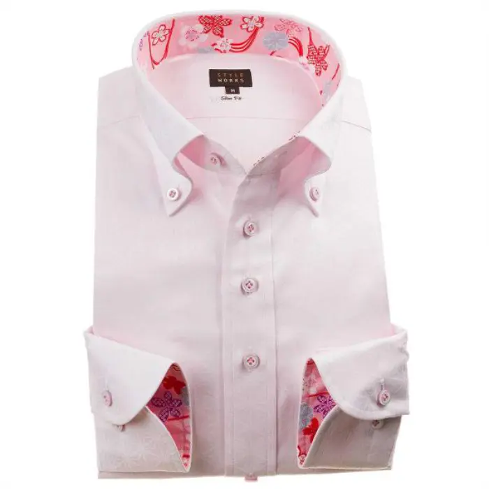 国産長袖綿100％ドレスシャツ スリムフィット ボタンダウン ジャガード織 麻葉柄 ピンク 1912