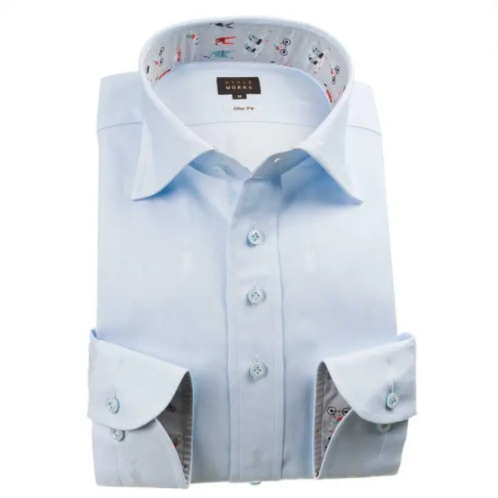 国産長袖綿100％ドレスシャツ スリムフィット ワイドカラー スカイブルー ジャガード織柄 トルソー型ドット 1912