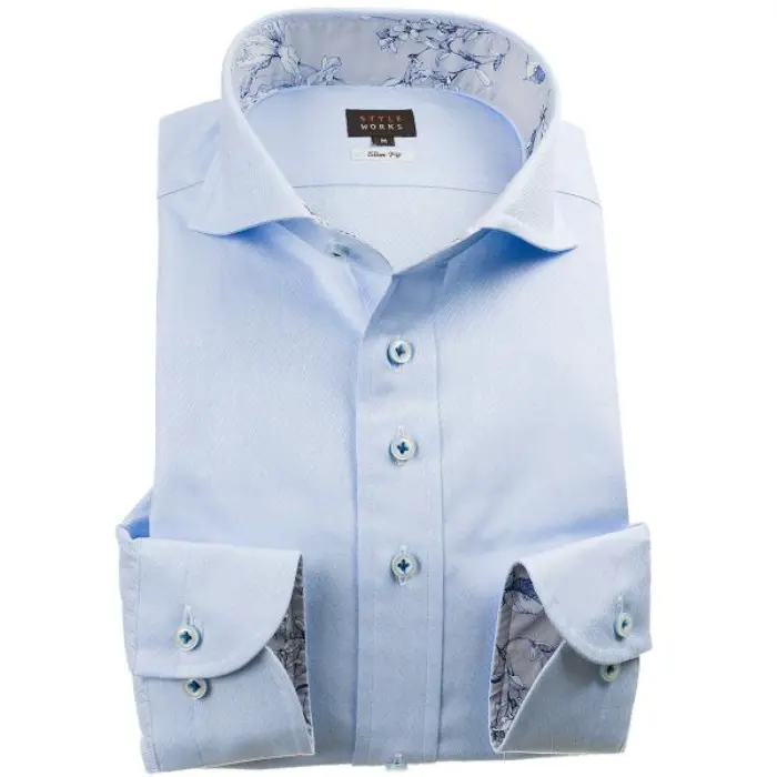 国産長袖ドレスシャツ スリムフィット 綿100％ ワイドカラー スカイブルー ジャガード織ヘリンボーン風ストライプ 1912
