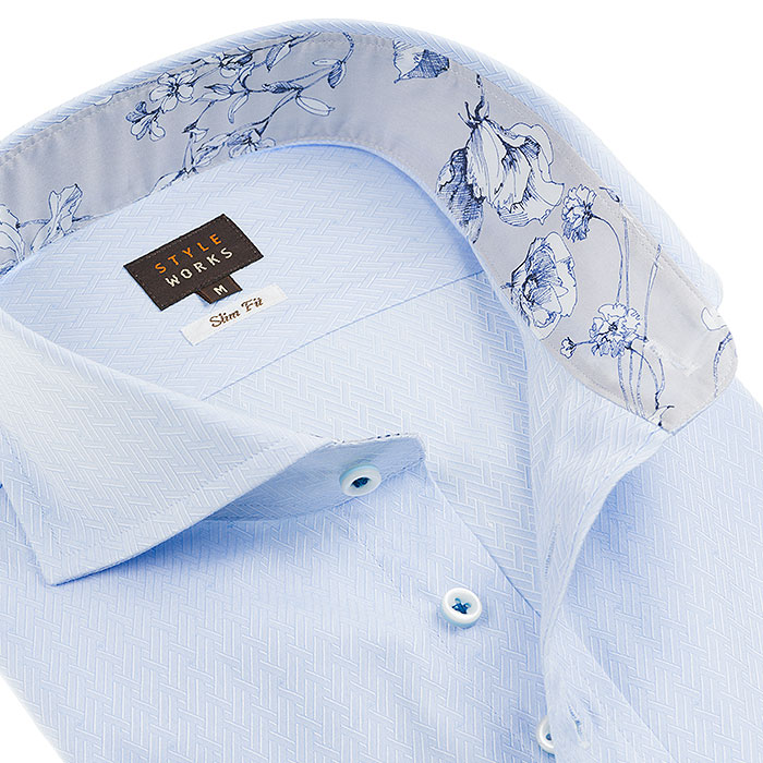 長袖カッタウェイ ブルー ワイシャツ スリムフィット STYLE WORKS【OUTLETS】