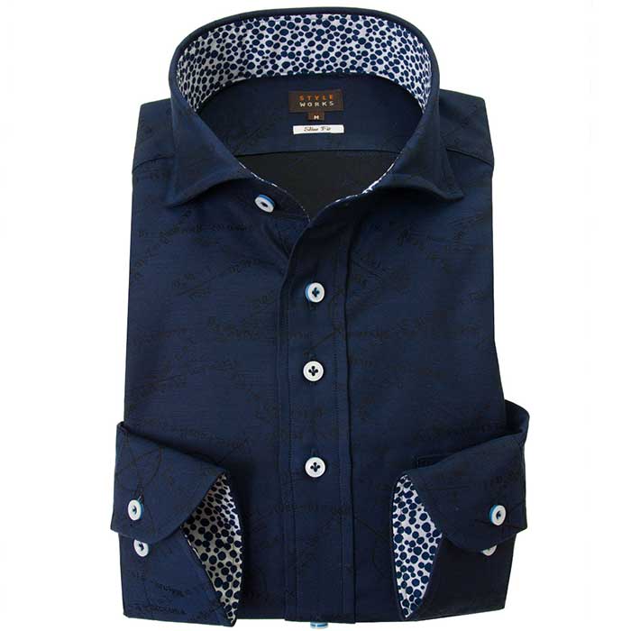 長袖カッタウェイ ネイビー ワイシャツ スリムフィット STYLE WORKS【OUTLETS】