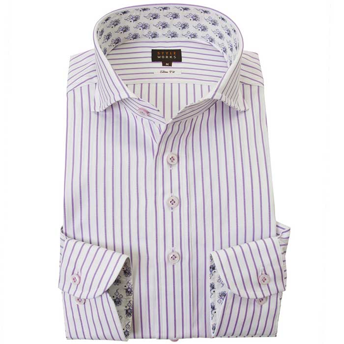 長袖カッタウェイ パープル ワイシャツ スリムフィット STYLE WORKS【OUTLETS】
