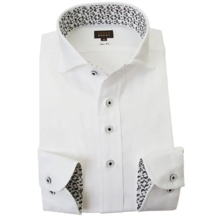 国産長袖綿100％ドレスシャツ スリムフィット カッタウェイワイド ホワイト ジャガード織柄 数式 方程式 2001