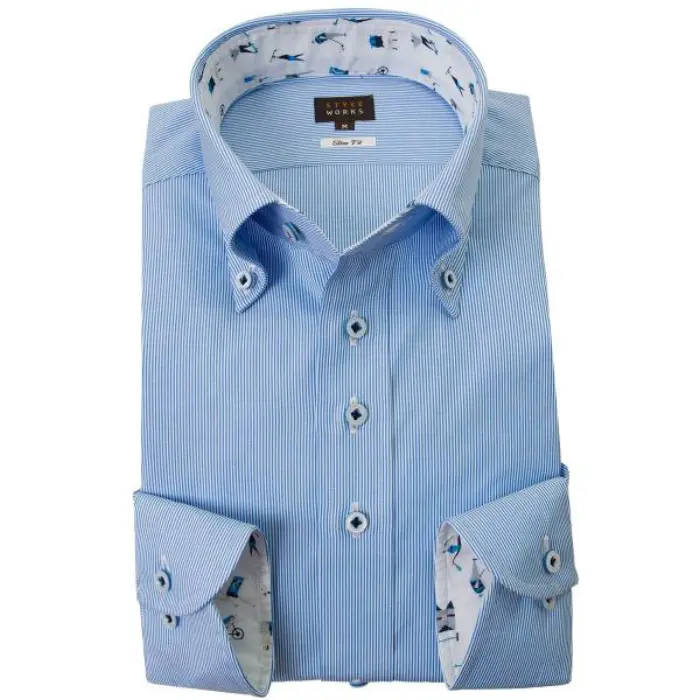 国産長袖綿100％ドレスシャツ スリムフィット ボタンダウン ブルーヘアラインストライプ 2001
