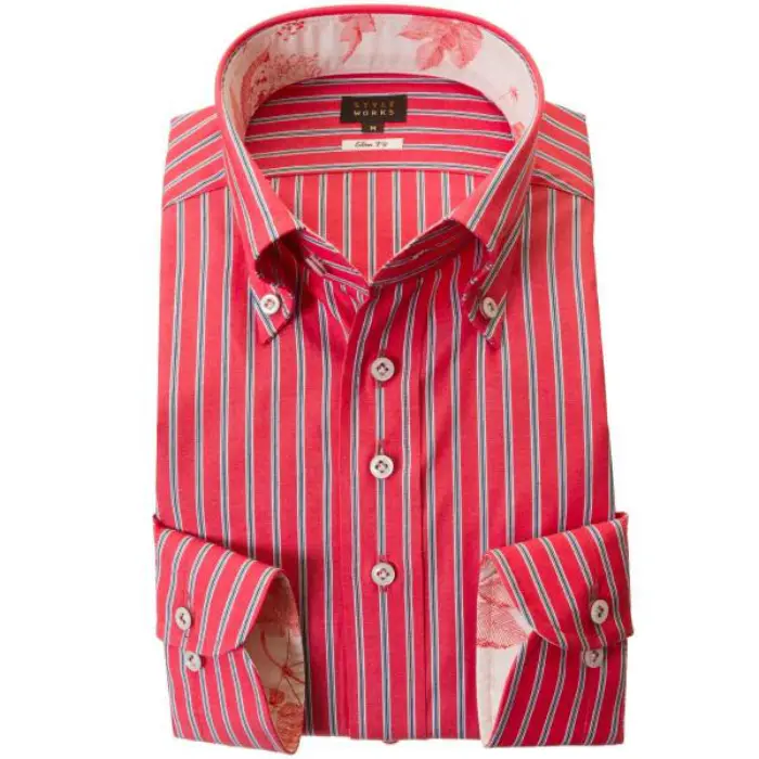 国産長袖ドレスシャツ 綿100％ ブロードクロス スリムフィット 胸ポケット無 ボタンダウン レッドストライプ オルタネイト 2002