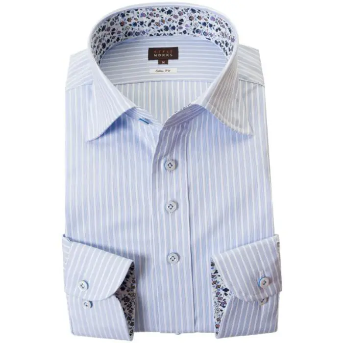 国産綿100％長袖ドレスシャツ スリムフィット ボタンダウン 胸ポケット無 スカイブルーオルタネイトストライプ 2002