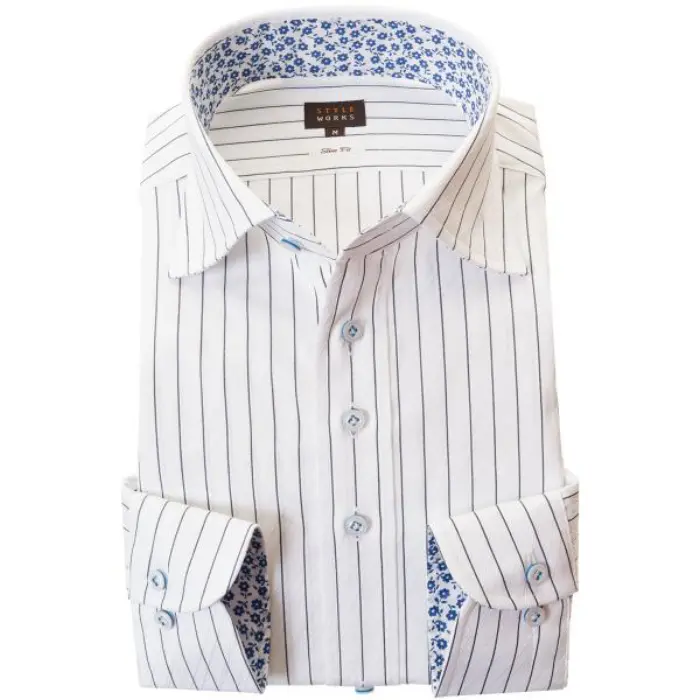 国産長袖綿100％ドレスシャツ スリムフィット ワイドカラー 胸ポケット無 ネイビーペンシルストライプ＆ジャガード織バイアスストライプ 2002