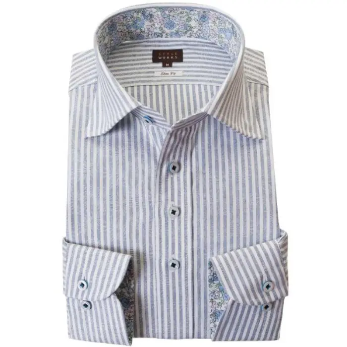 国産長袖ドレスシャツ 綿100％ スリムフィット 胸ポケット無 ワイドカラー ブルーロンドンストライプ＆ジャガード織柄リーフ