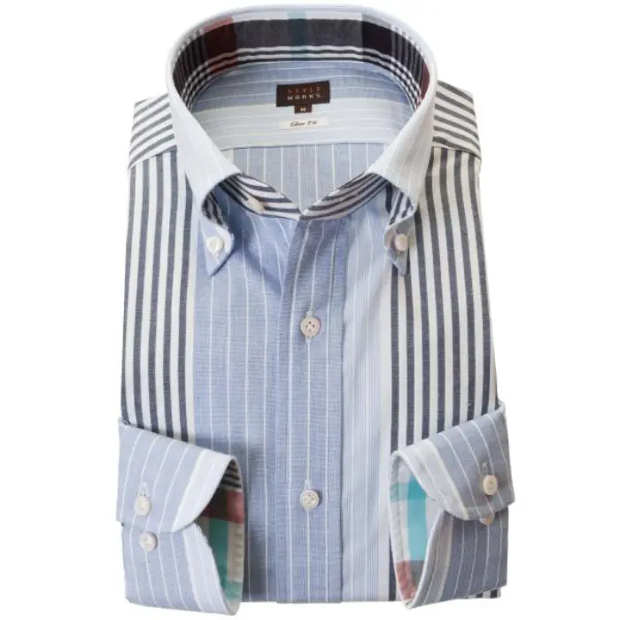 国産長袖ドレスシャツ 綿100％ スリムフィット ボタンダウン 胸ポケット無 クレイジーパターンストライプ ブルー 2002