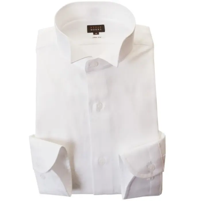 国産長袖綿100％ドレスシャツ スリムフィット ウィングカラー ホワイト ジャガード織フラワー バタフライ 2002