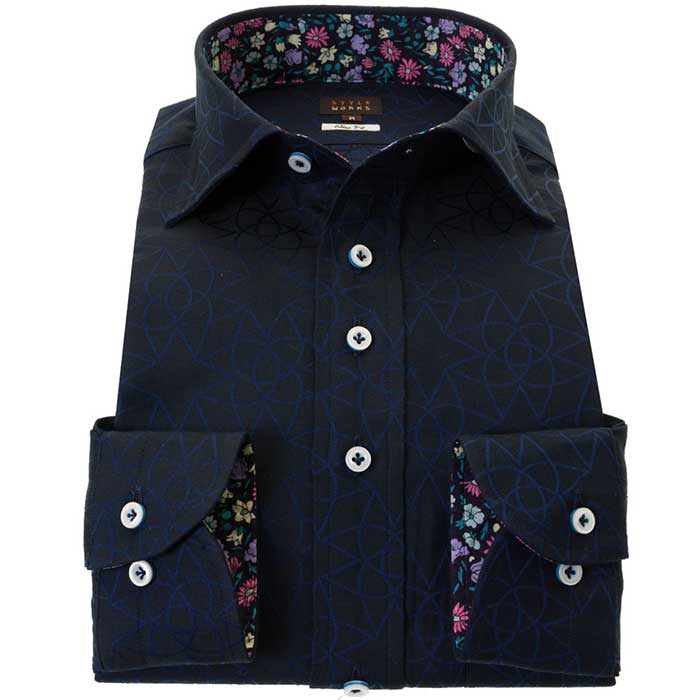 ◆ブランド／STYLEWORKS◆商品ジャンル／長袖ワイシャツ◆サイズ展開／S,M,L,LL,◆シルエット／スリムフィット◆衿型／ワイドカラー◆袖丈／長袖◆色／ネイビー◆柄／幾何柄◆前立／表前立◆素材