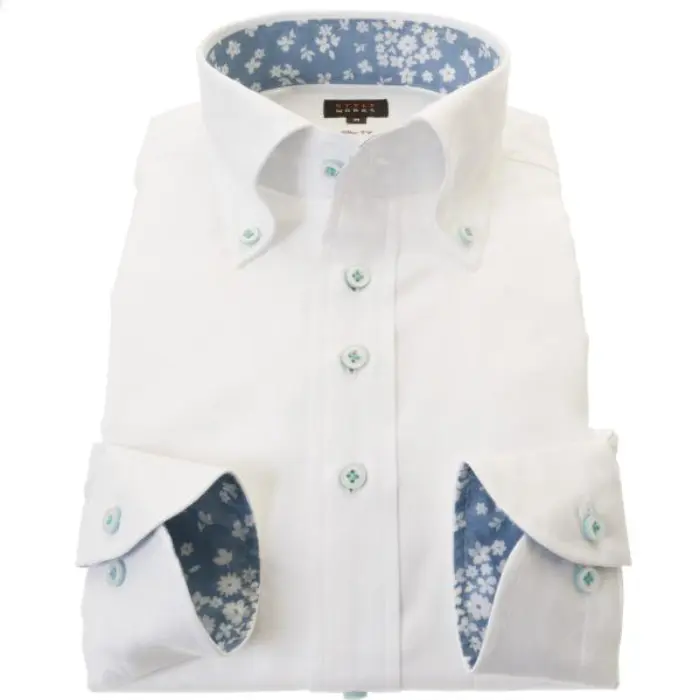 国産長袖ドレスシャツ 綿100％ スリムフィット ボタンダウン ホワイト ジャガード織柄 数字 ナンバー