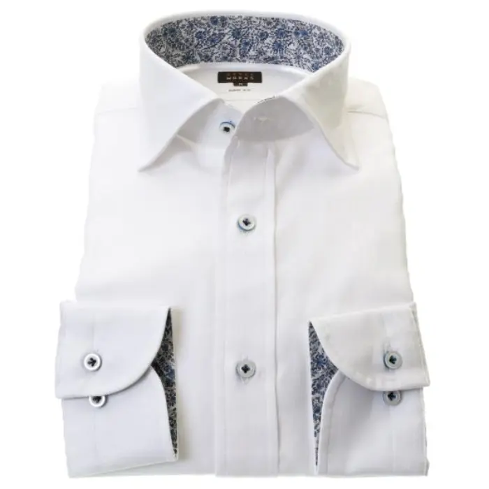 国産長袖ドレスシャツ スリムフィット ワイドカラー ホワイト 白 ジャガード織 流れ星ストライプ