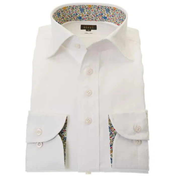 国産長袖綿100％ドレスシャツ ワイドカラー スリムフィット ホワイト ジャガード織 雷文風格子柄 チェーンチェック