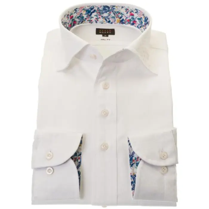 国産綿100％長袖ドレスシャツ ワイドカラー スリムフィット ホワイト 白 ジャガード グラデーションドット