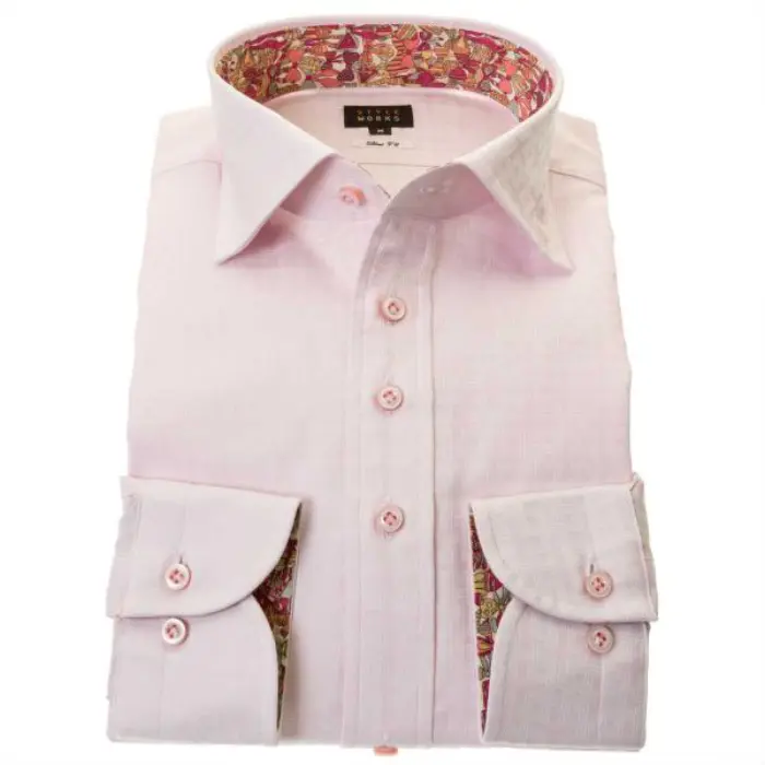 国産長袖綿100％ドレスシャツ ワイドカラー スリムフィット ピンク ジャガード織 雷文風格子柄 チェーンチェック