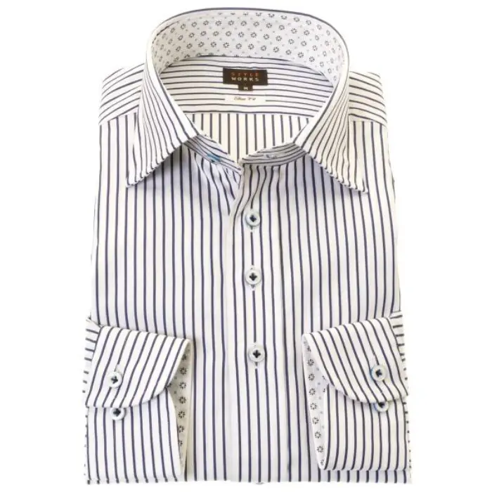 国産長袖ドレスシャツ スリムフィット 綿100％ ワイドカラー ブルーストライプ