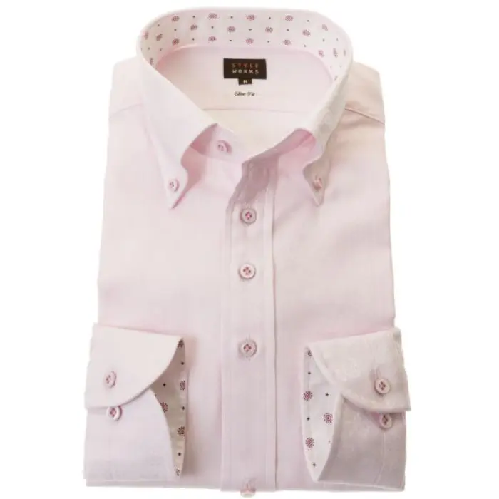 国産長袖綿100％ドレスシャツ スリムフィット カッタウェイワイドカラー ライトピンク ジャガード織 デザインストライプ
